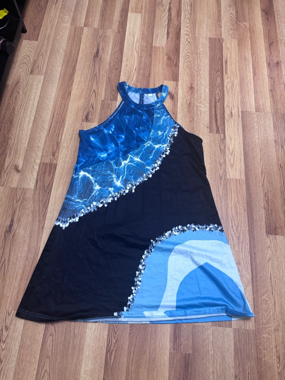 Blue & Black Graphic Halter Dress